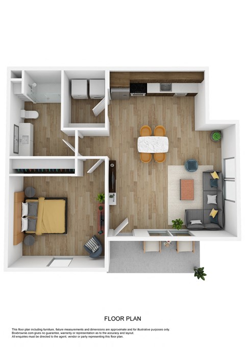 a stylized floor plan with a bedroom and a living room